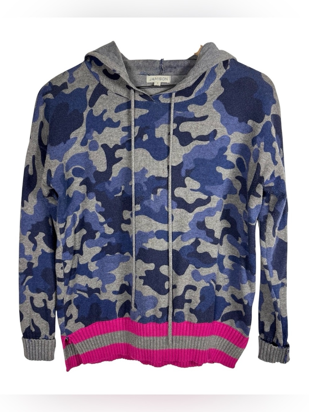 JAMISON Women’s Blue Camouflage Sweater Hoodie Contrast Hem Sz S
